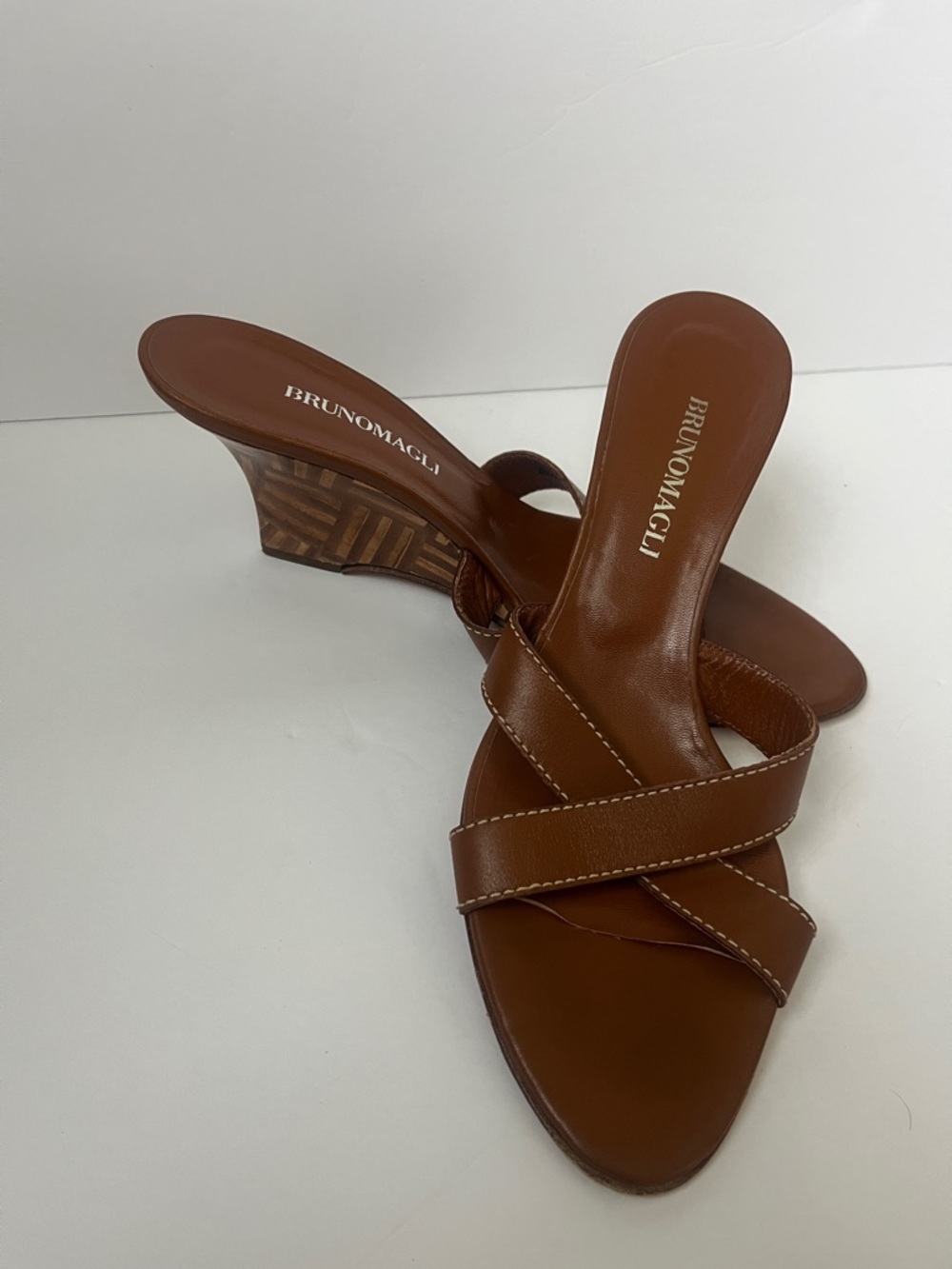 Bruno Magli Brown Leather Crossover Wedge Sandals